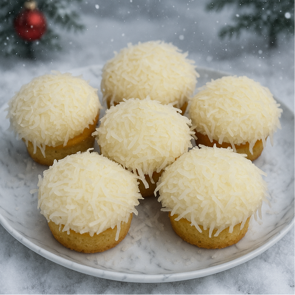 Plate of coconut-covered cupcakes with a snowy background
