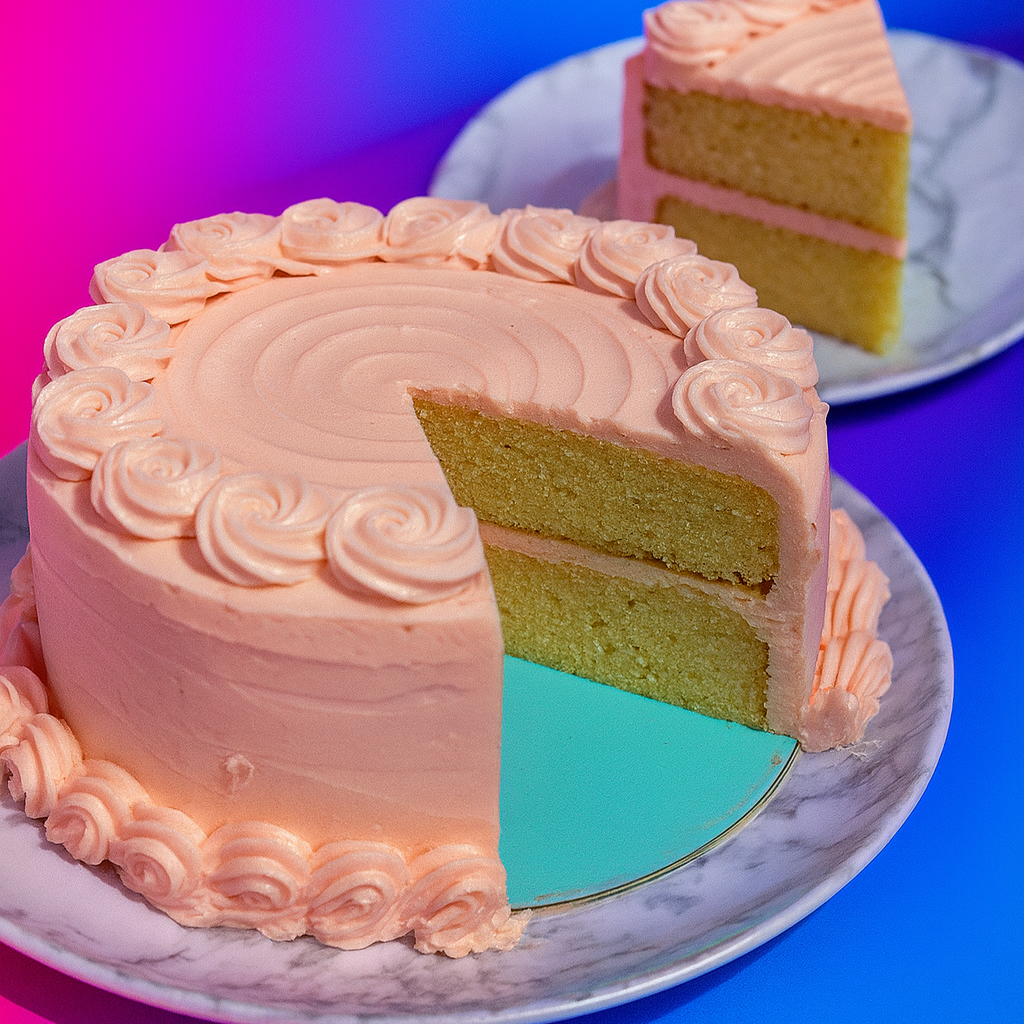 Pink frosted cake with a slice removed on a marble surface against a colorful gradient background