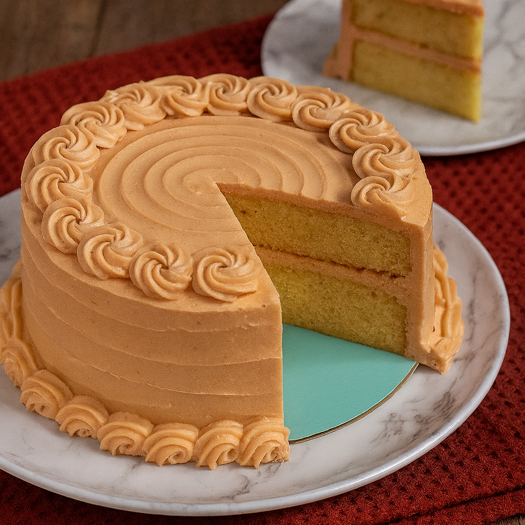 Orange cake with a slice taken out on a white plate, placed on a red surface.