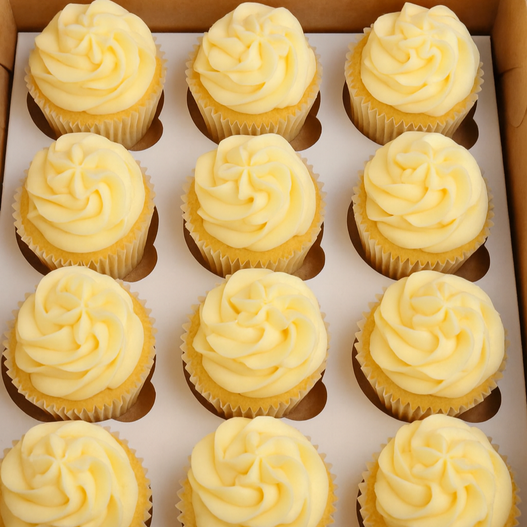 Box of yellow frosted cupcakes