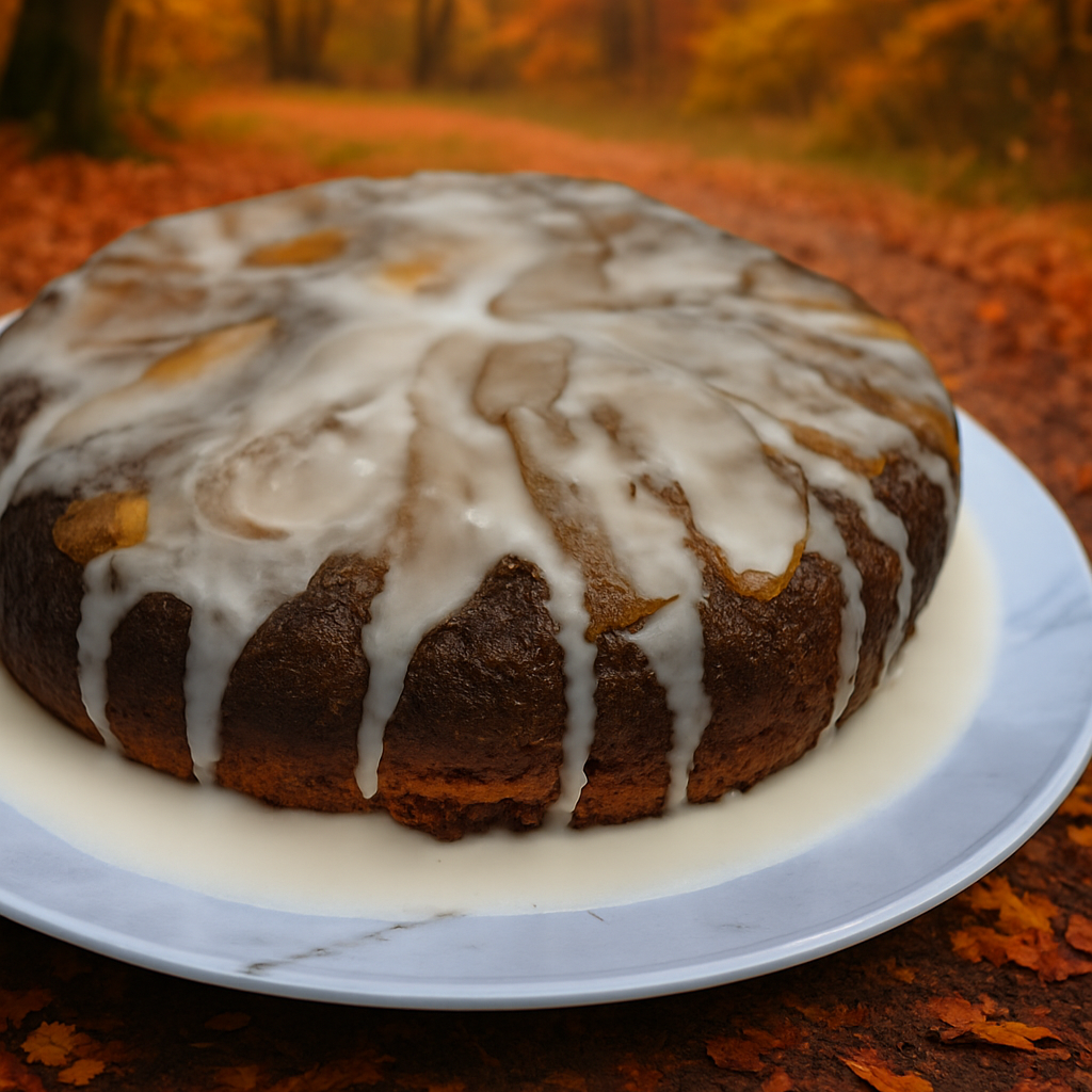 Caramel apple upside down cake with white icing on a plate in front of an autumn forest