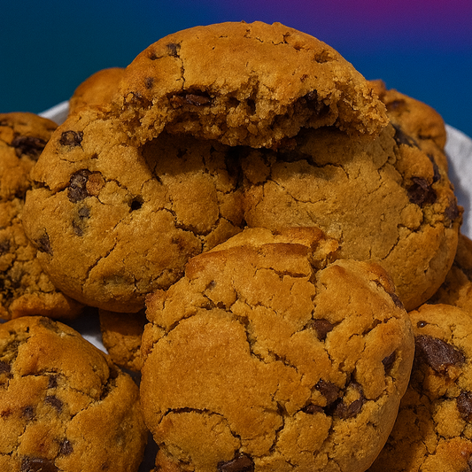 Stack of chocolate peanut butter cookies with a colorful background