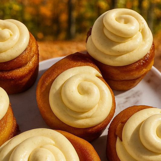 Cinnamon cupcakes with cream cheese frosting on a marble surface with an autumn background.