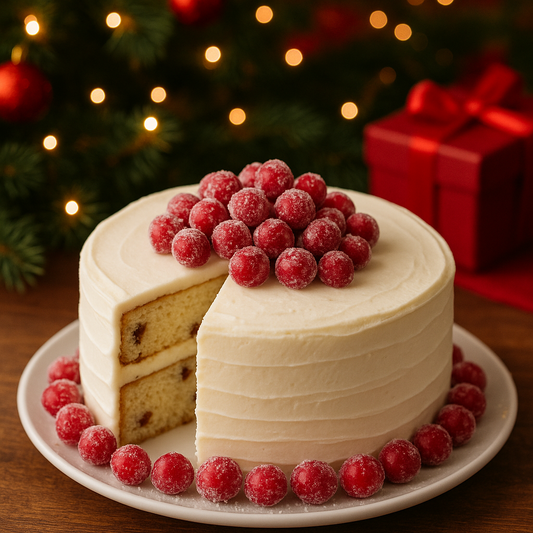 Cranberry White Chocolate cake with white frosting and red berries on a plate, Christmas tree and gift in the background