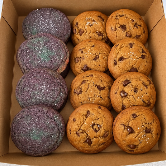 Box containing tie dye cookies and chocolate chip cookies.