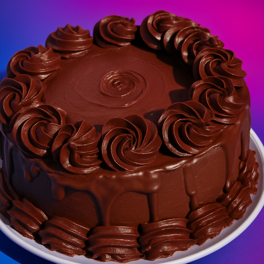 Chocolate cake with intricate frosting on a purple background