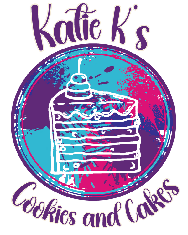 Logo of Katie K's Cookies and Cakes with a colorful design on a white background