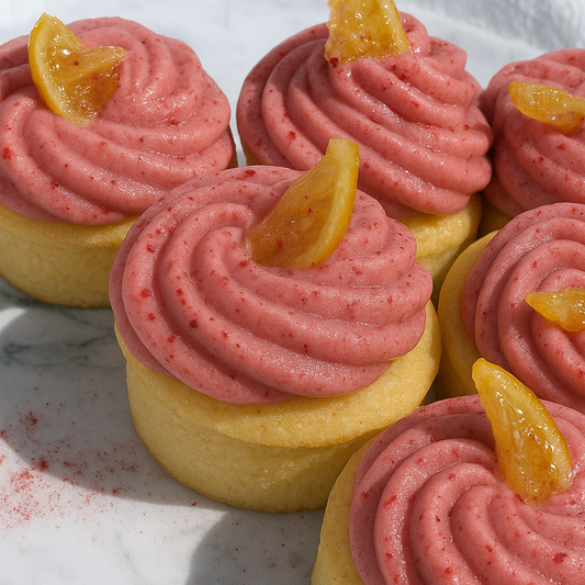 Cupcakes with raspberry frosting and lemon slices on a marble surface