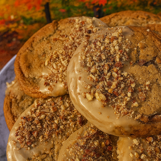 Stack of maple pecan cookies with a autumnal background