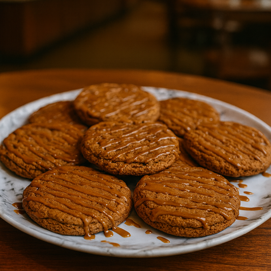 Plate of pumpkin spice cookies on a wooden table with a blurred background