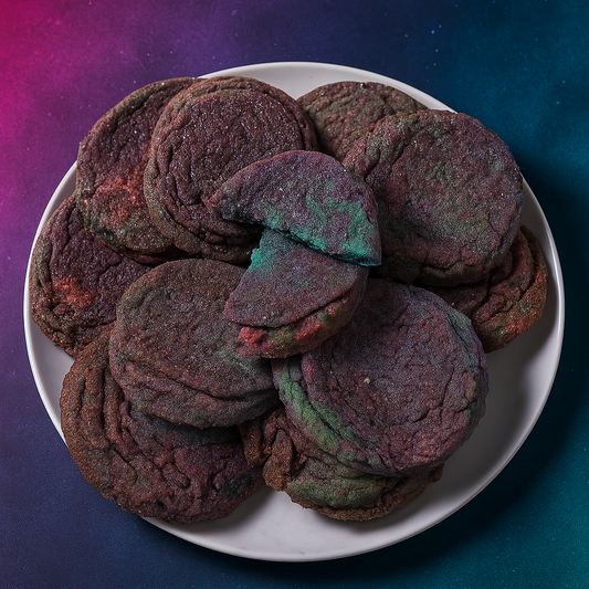 Colorful cookies on a white plate against a gradient purple and blue background