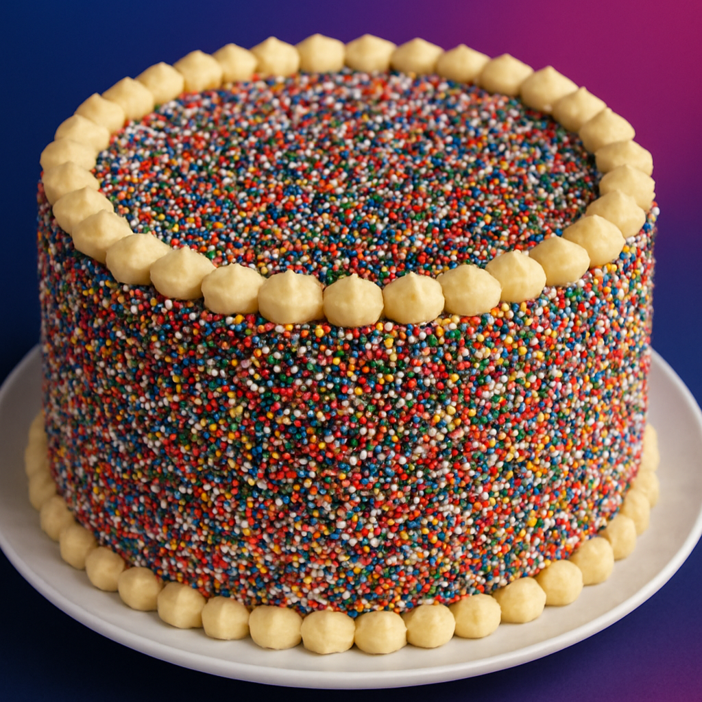 Colorful sprinkled cake on a white plate with a blue and purple gradient background