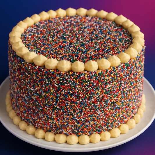 Colorful sprinkled cake on a white plate with a blue and purple gradient background