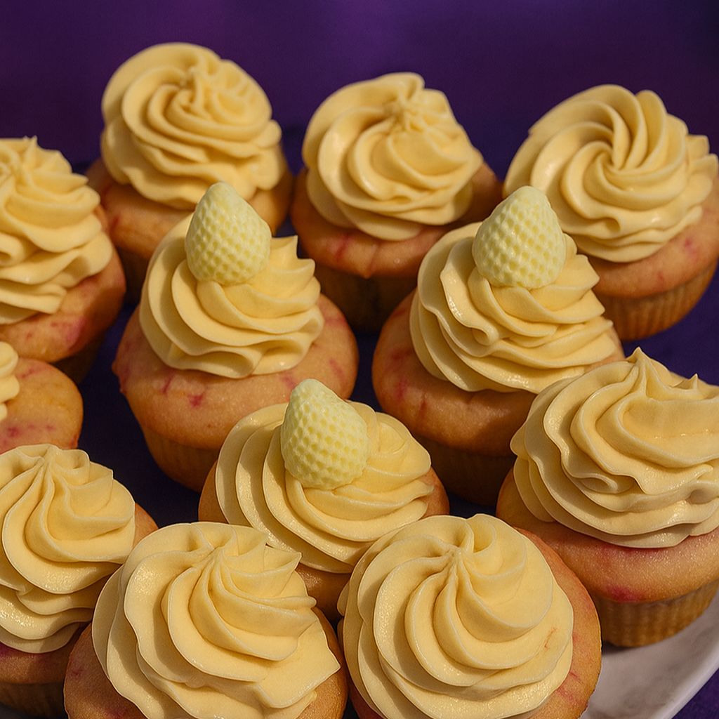 Cupcakes with white chocolate and strawberry frosting on a white plate against a purple background